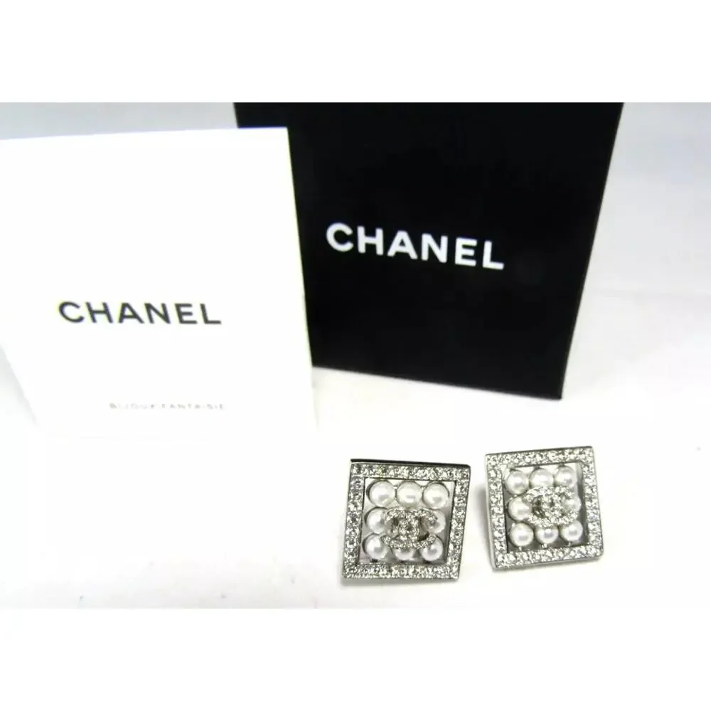 CHANEL 24P Crystal Glass Pearl CC Logo Silver Square Stud Earrings